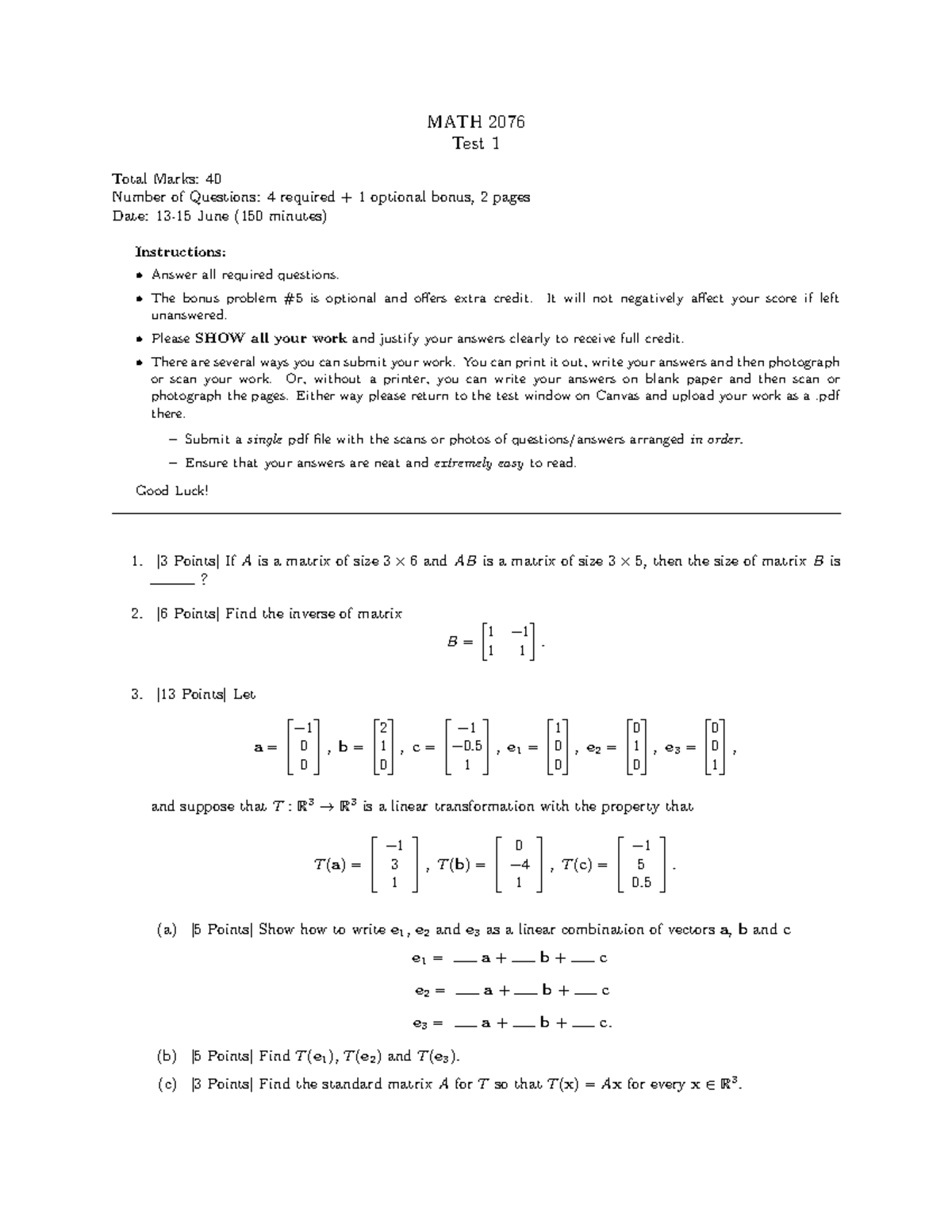 MATH 2076 Test 1 Questions and Instructions for Submission - Studocu