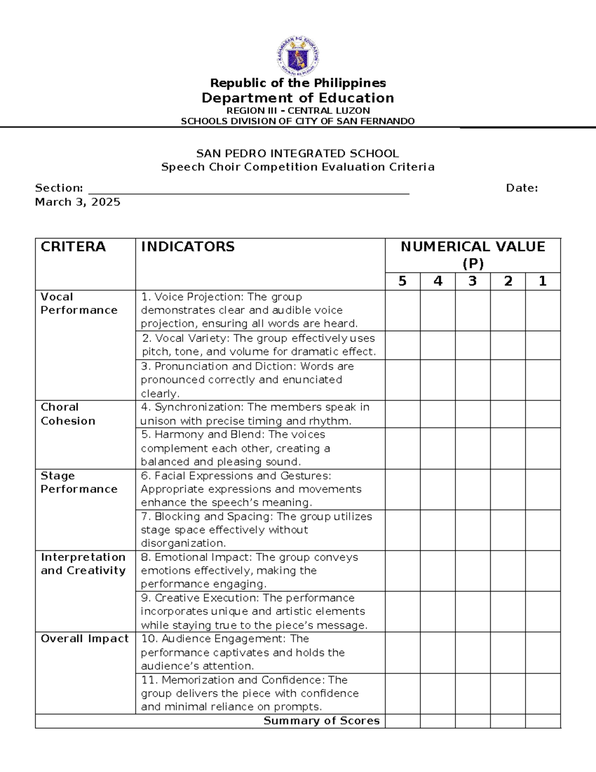 Speech Choir Competition Evaluation Criteria - March 2025 - Studocu