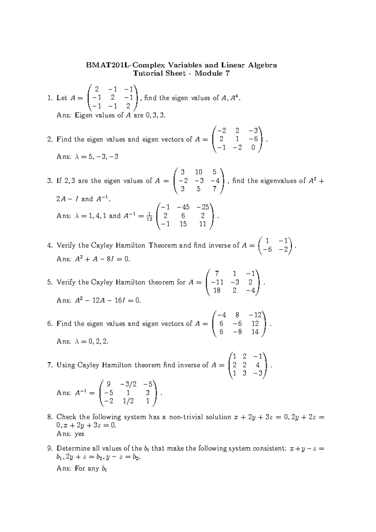 BMAT201L Tutorial Sheet on Complex Variables & Linear Algebra - Mod 7 ...