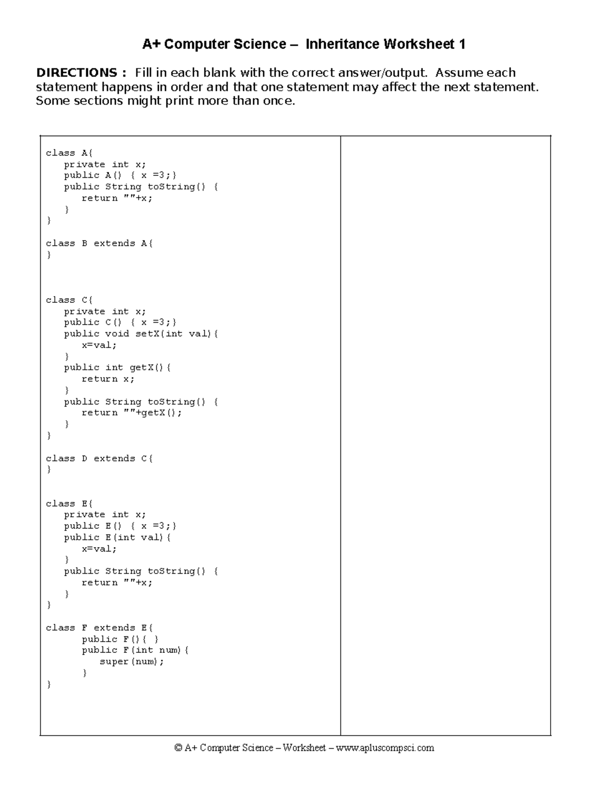 Inheritance and Polymorphism WS #1 - A+ Computer Science – Inheritance ...