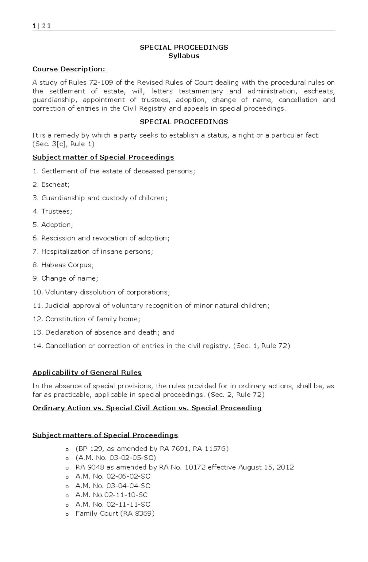 Syllabus for Special Proceedings (SPEC-PRO 3): Key Rules & Concepts ...