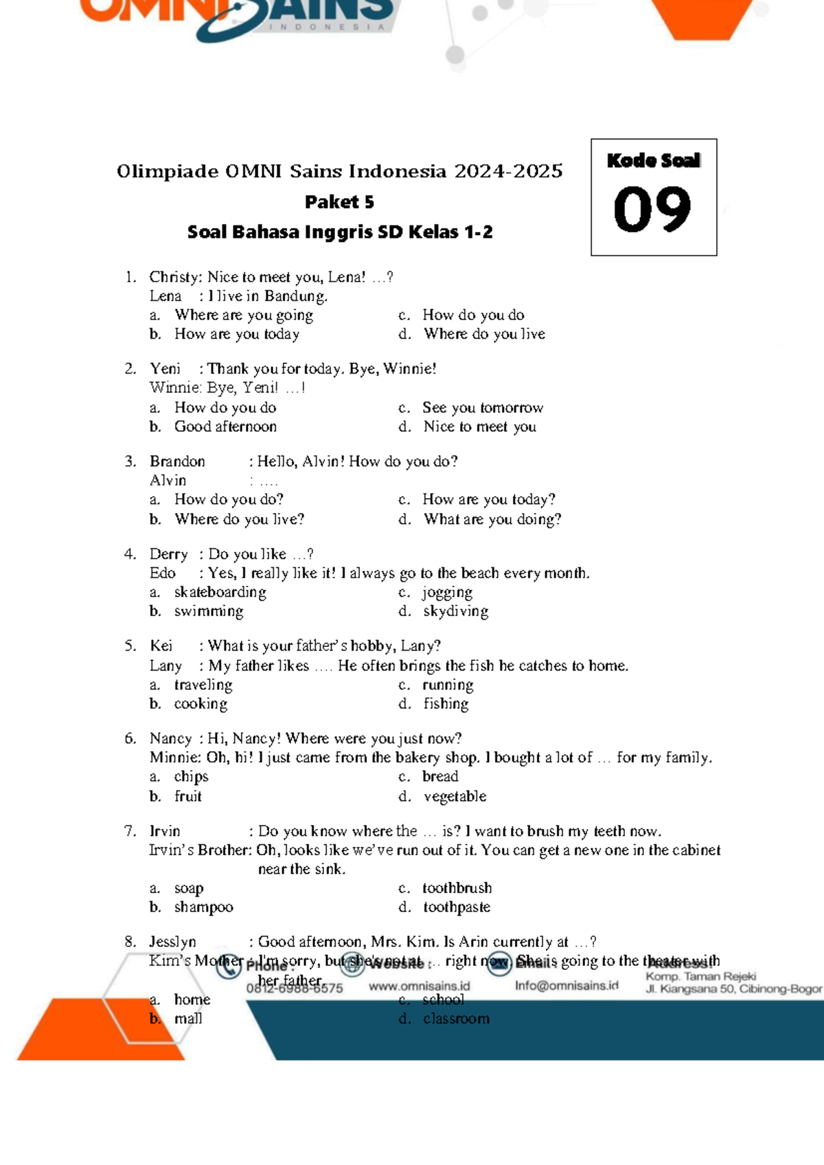 Olimpiade OMNI Sains Indonesia: Soal Bahasa Inggris SD Kelas 1 Paket 5 - Document Preview