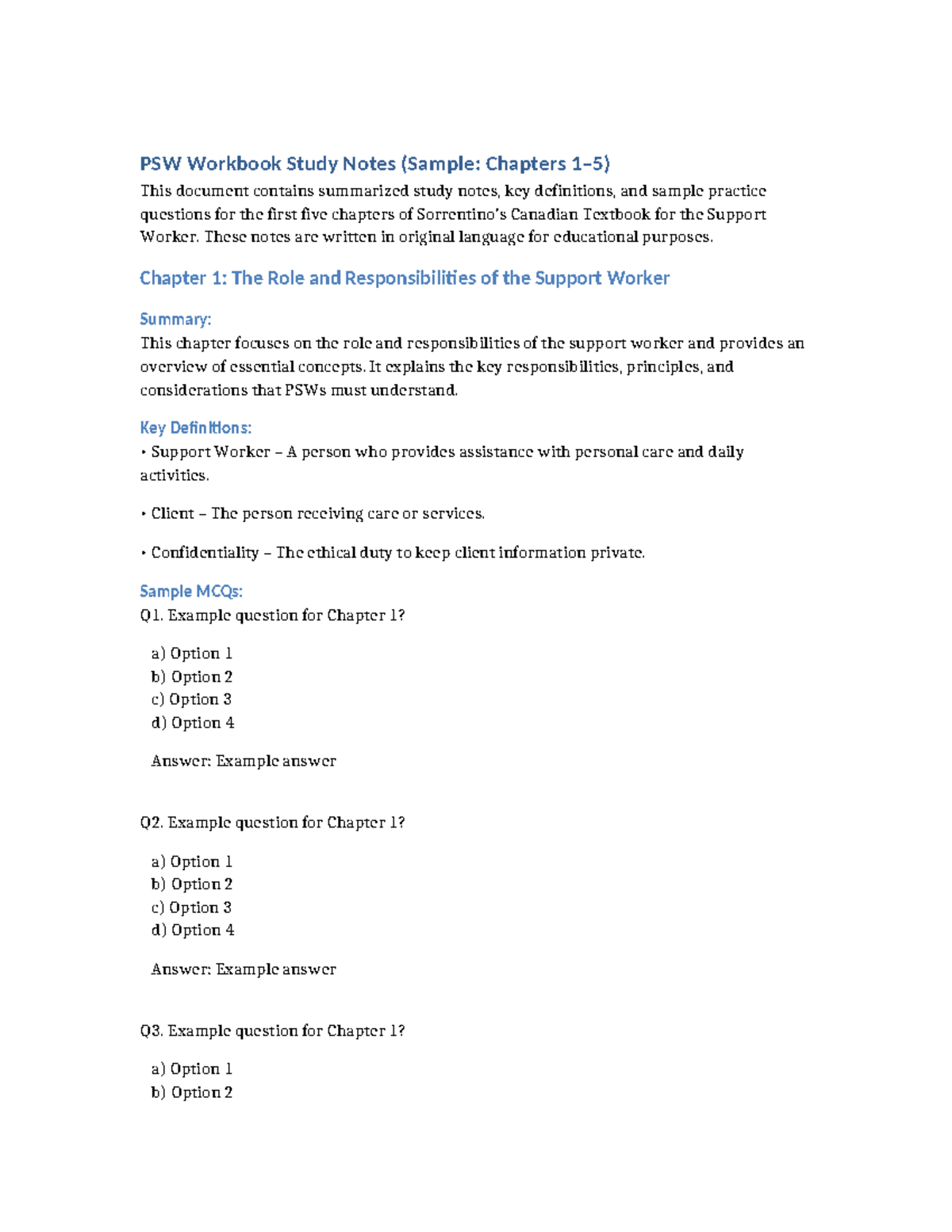 PSW Study Notes: Chapters 1-5 Summary & MCQs - Studocu