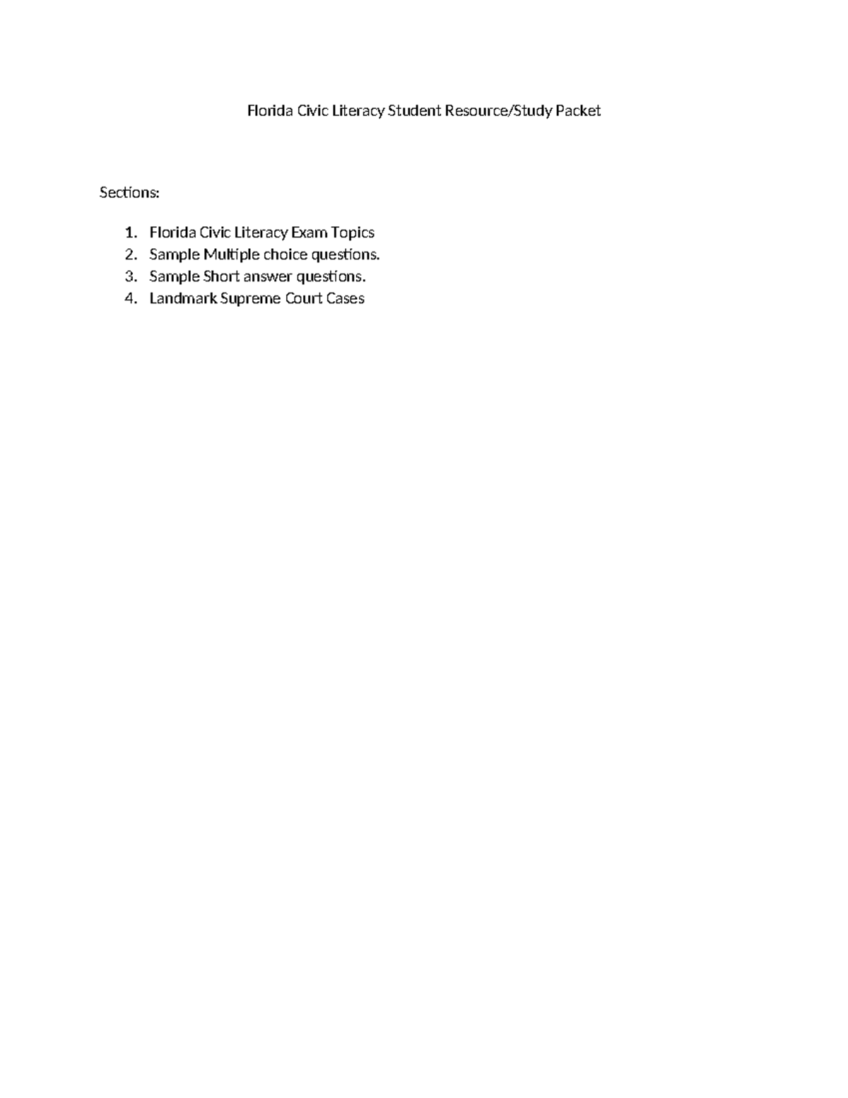 Florida Civic Literacy Exam Study Packet: Key Topics & Sample Questions ...