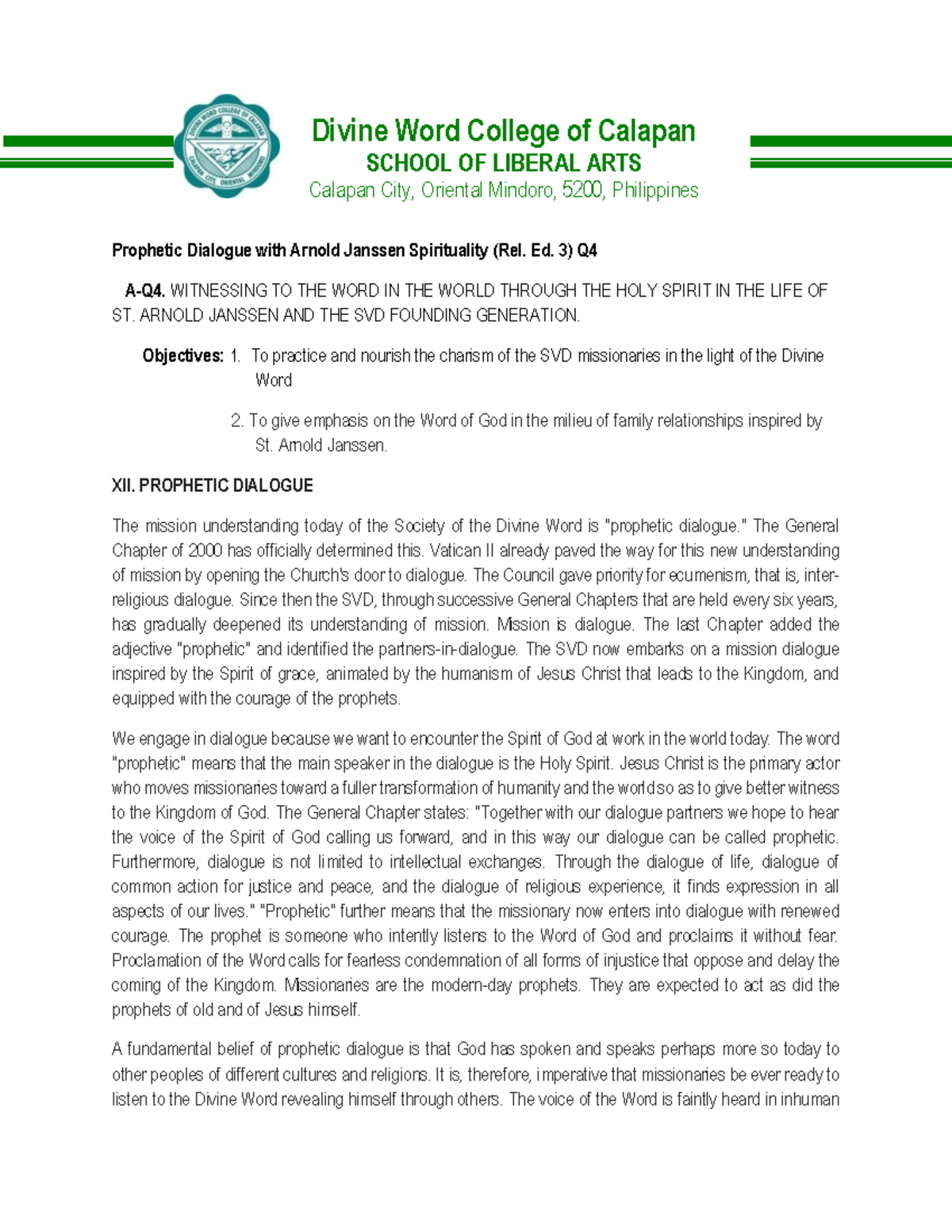 SVD-Module 12 Q4 - Prophetic Dialogue and Mission in St. Arnold Janssen ...