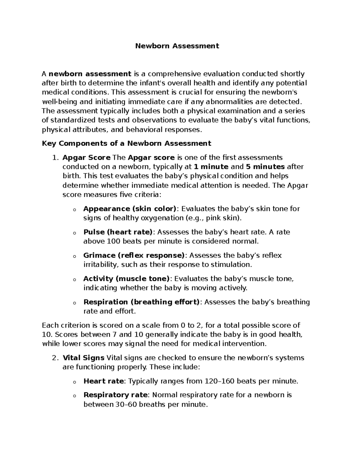 Newborn Assessment: Comprehensive Lecture Notes Overview - Studocu