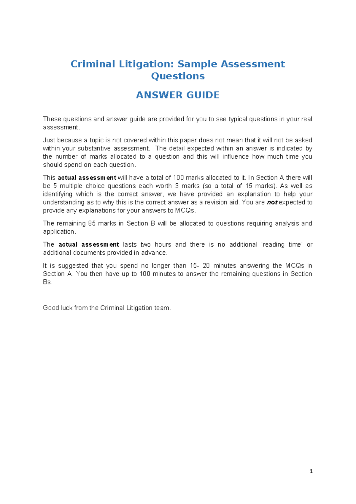 Criminal Litigation: Sample Assessment Q&A Guide for Exam Prep - Studocu