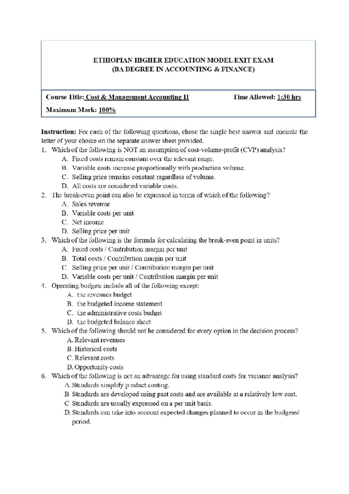Cost & Management Accounting II Final Exam Model Questions 2023 - Studocu