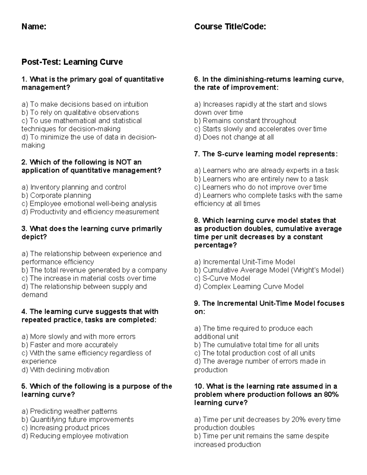 POST-TEST: Quantitative Management & Learning Curve Concepts - Studocu