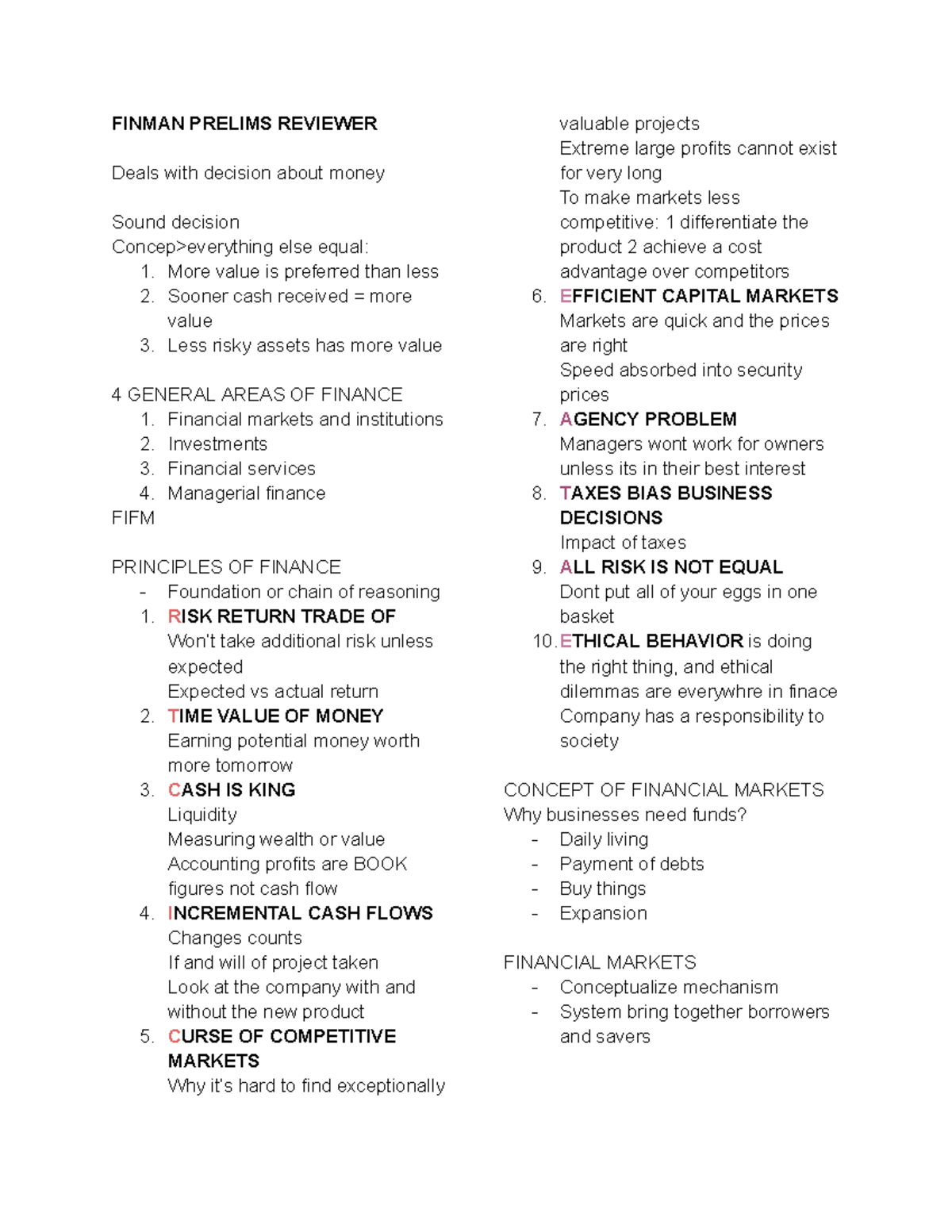 FINMAN: Prelims Reviewer on Financial Principles and Markets - Studocu