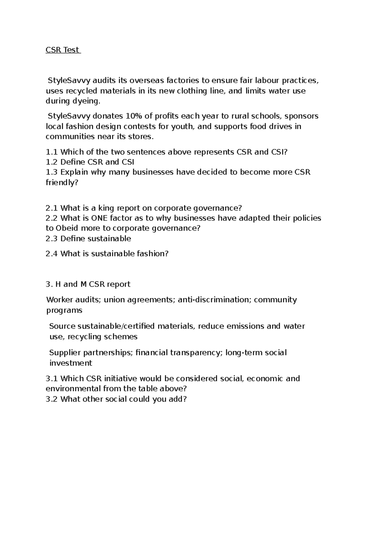CSR - Grade 11 Business Studies Test on Corporate Social Responsibility ...