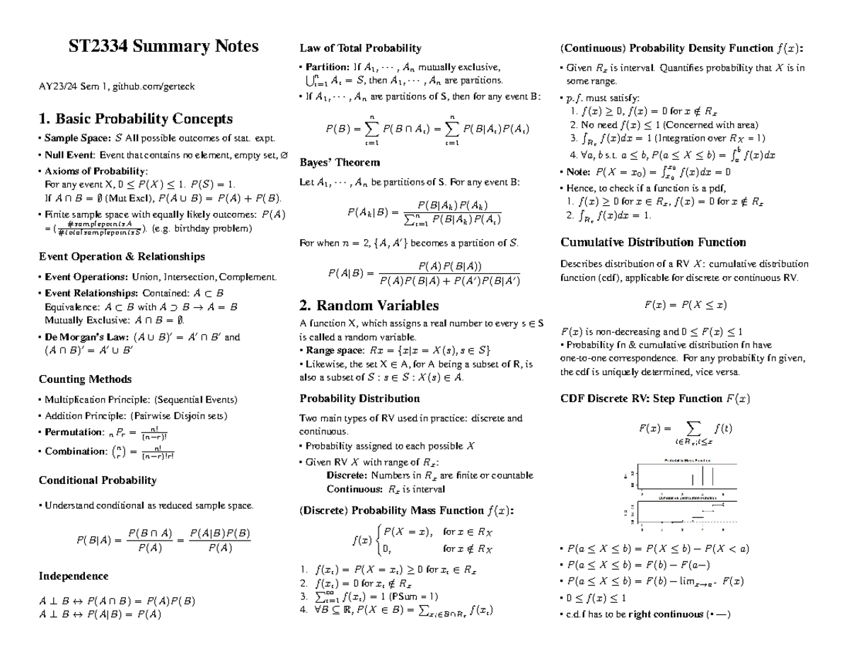 ST2334 Midterm Notes: Basic Probability Concepts & Theorems - Studocu