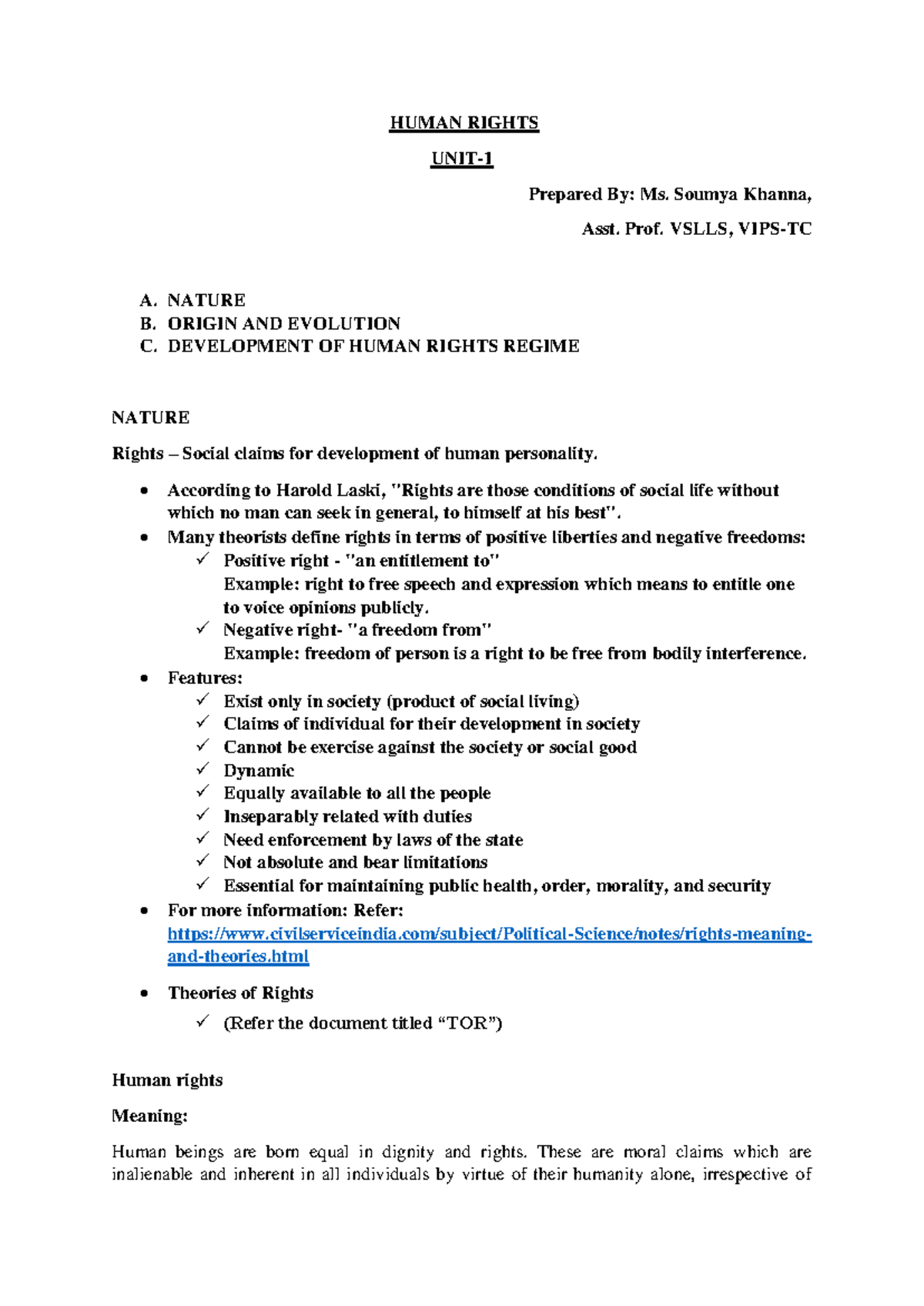 Human Rights - Unit 1 - No info - HUMAN RIGHTS UNIT- 1 Prepared By: Ms ...