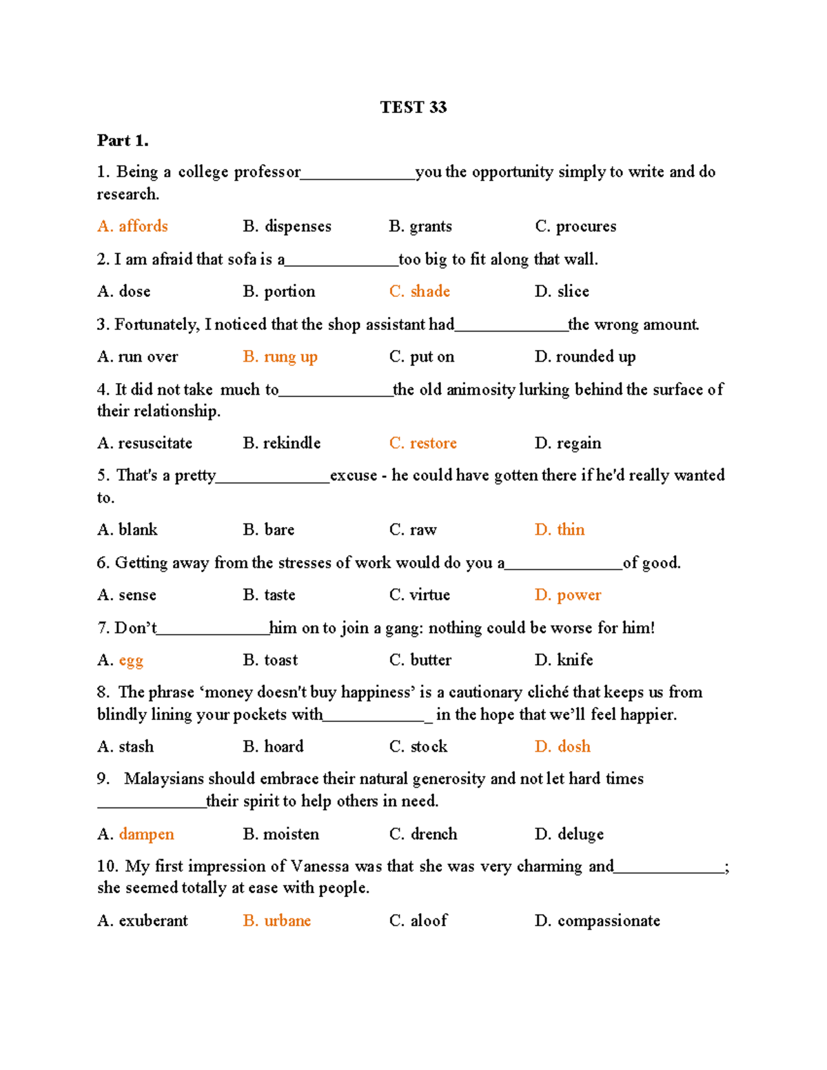 Practice Test: Vocabulary and Language Skills (Course Code: TEST 33 ...
