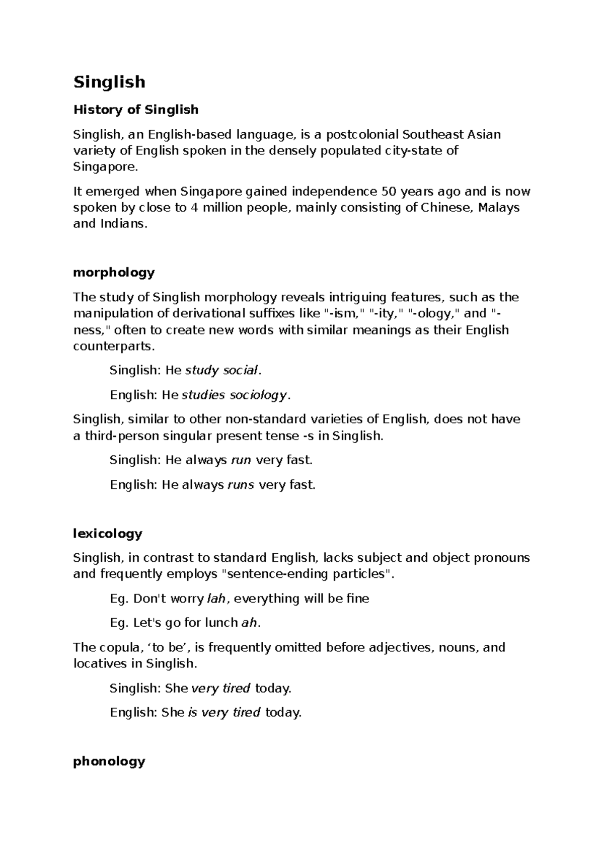 Singlish: History, Morphology, Lexicology, Phonology, and Syntax - Studocu