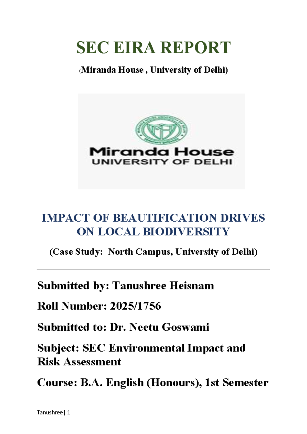 SEC EIRA REPORT: Impact of Beautification on Biodiversity in North ...