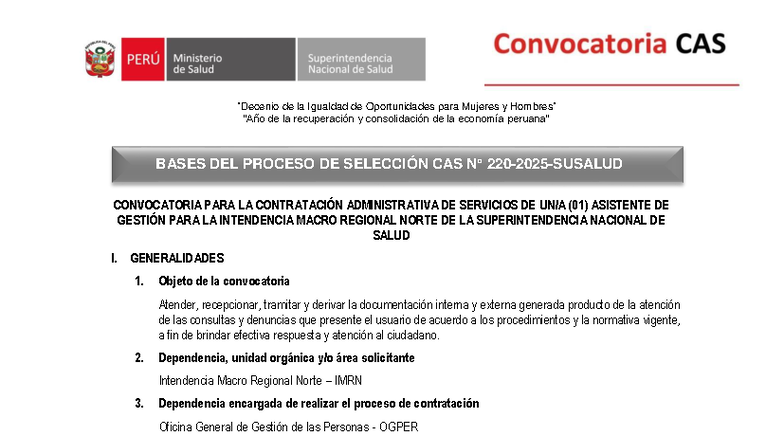 Bases del Proceso de Selección CAS 220 - Asistente de Gestión IMRN ...