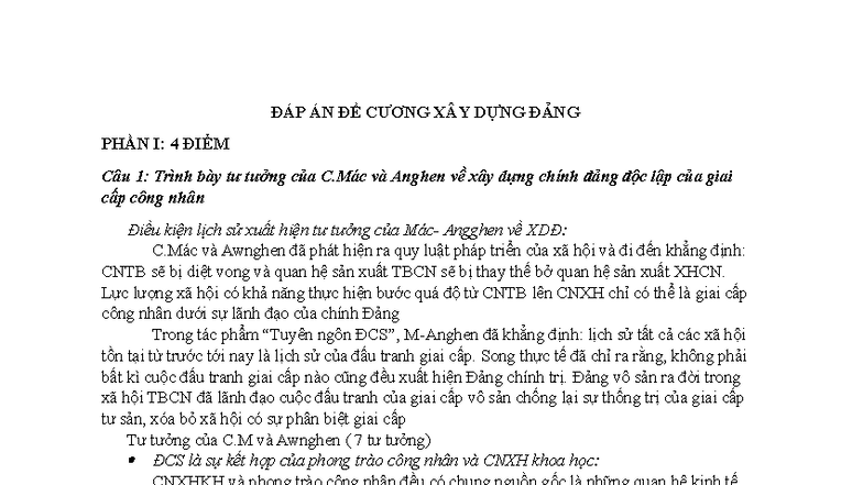 ĐÁP ÁN ĐỀ CƯƠNG XÂY DỰNG ĐẢNG: Tư Tưởng C.Mác và Anghen - Studocu