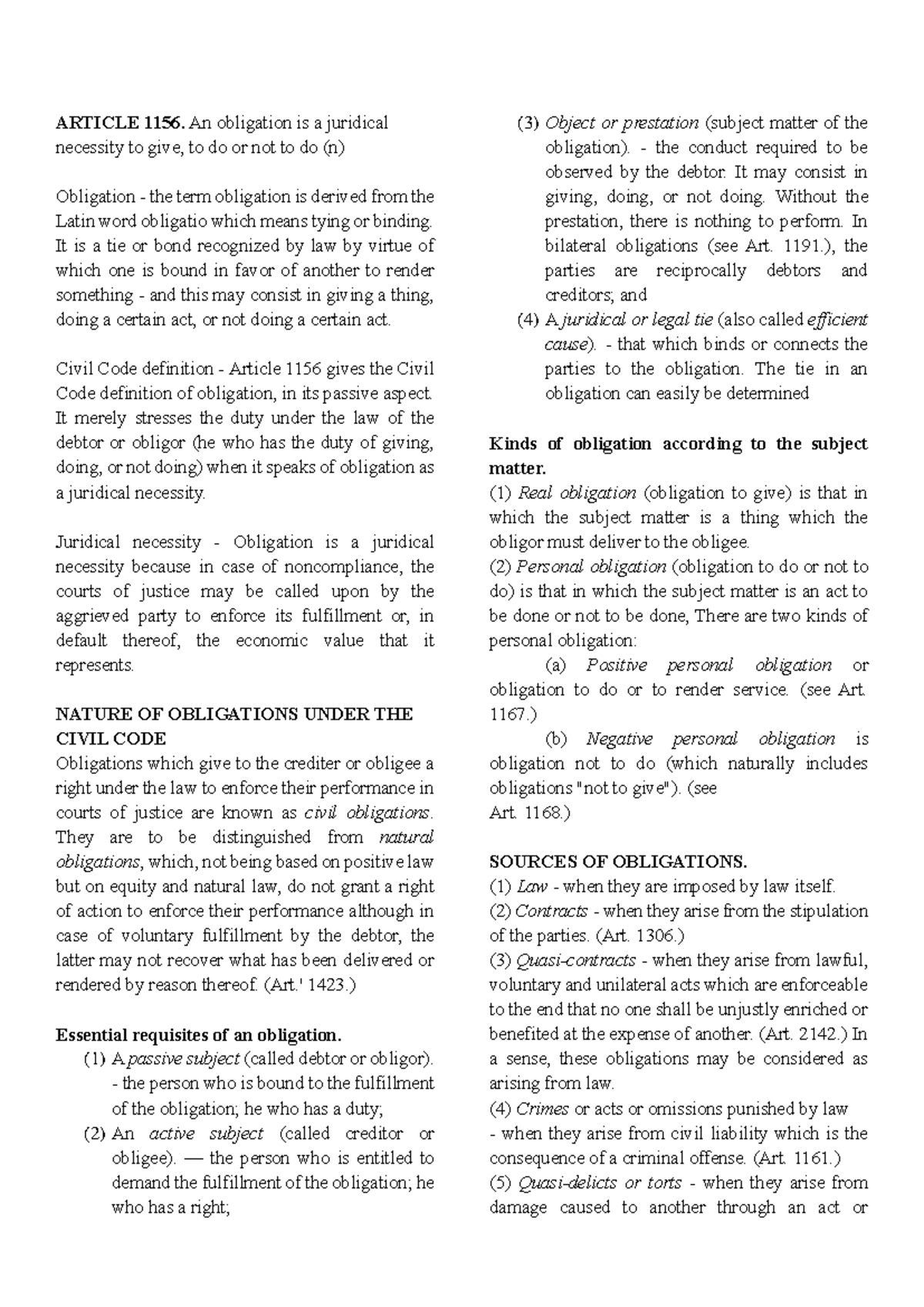Obligation and Contracts Overview: Civil Code Article 1156 (C1) - Studocu