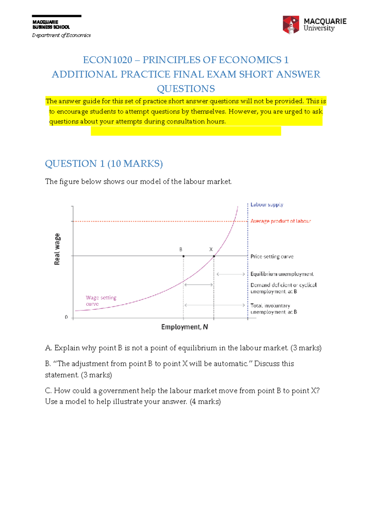 ECON 1020 S2 2023 Practice Final Exam Question (additional) - BUSINESS ...