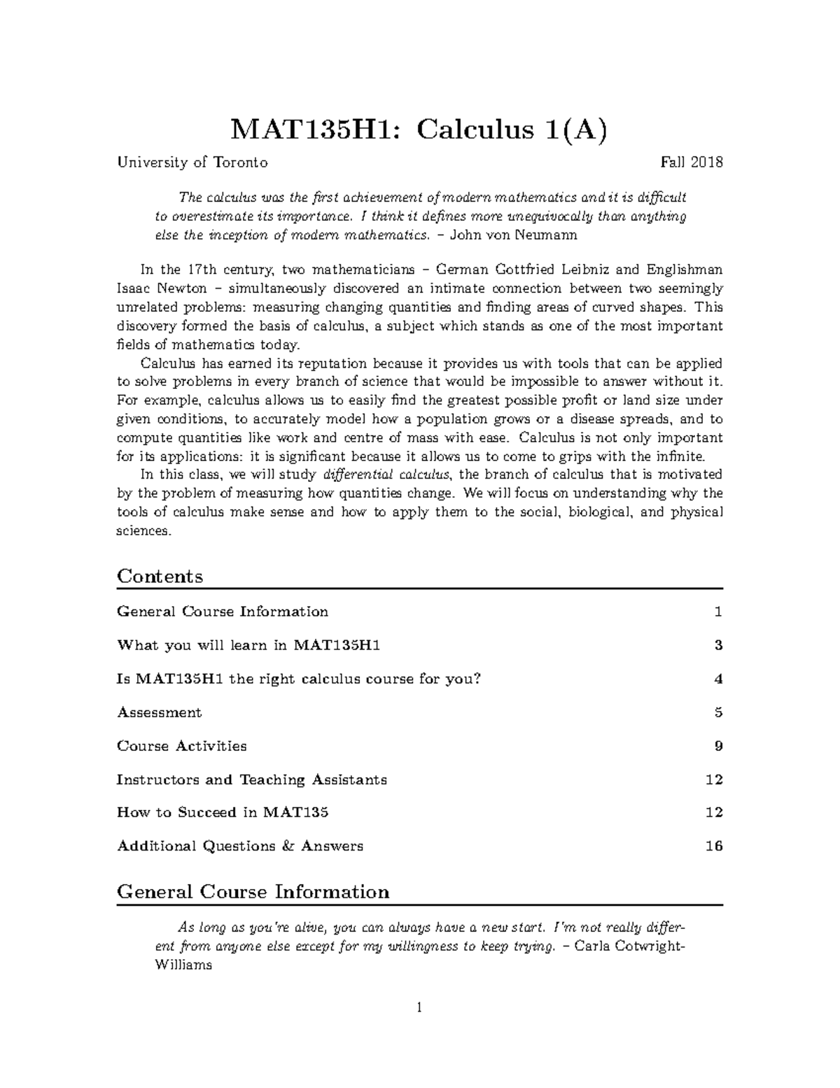 MAT135H1 Calculus I - Fall 2018 Course Syllabus and Information - Studocu