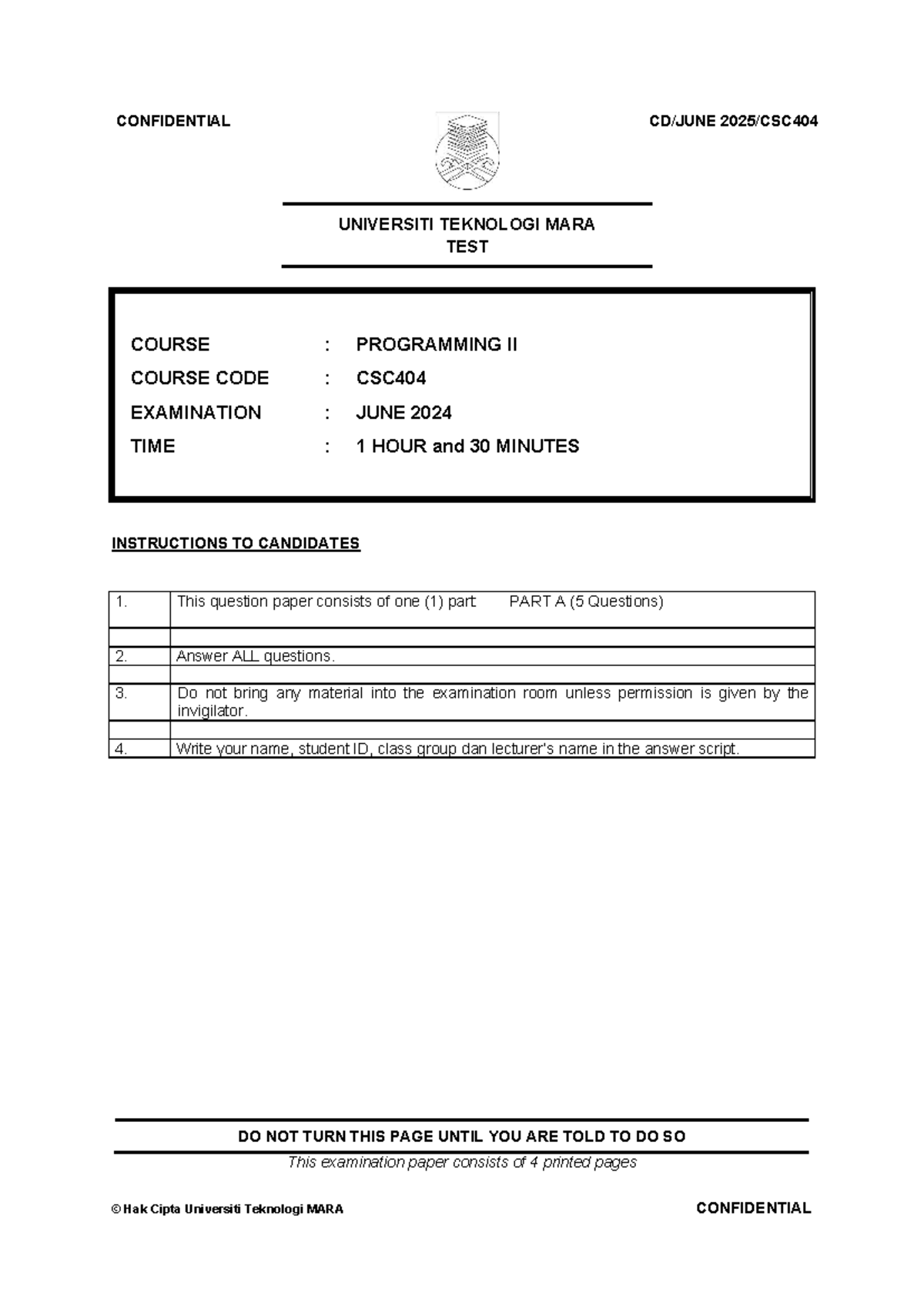 Test CSC404 Programming II Exam Paper - June 2024 - Studocu