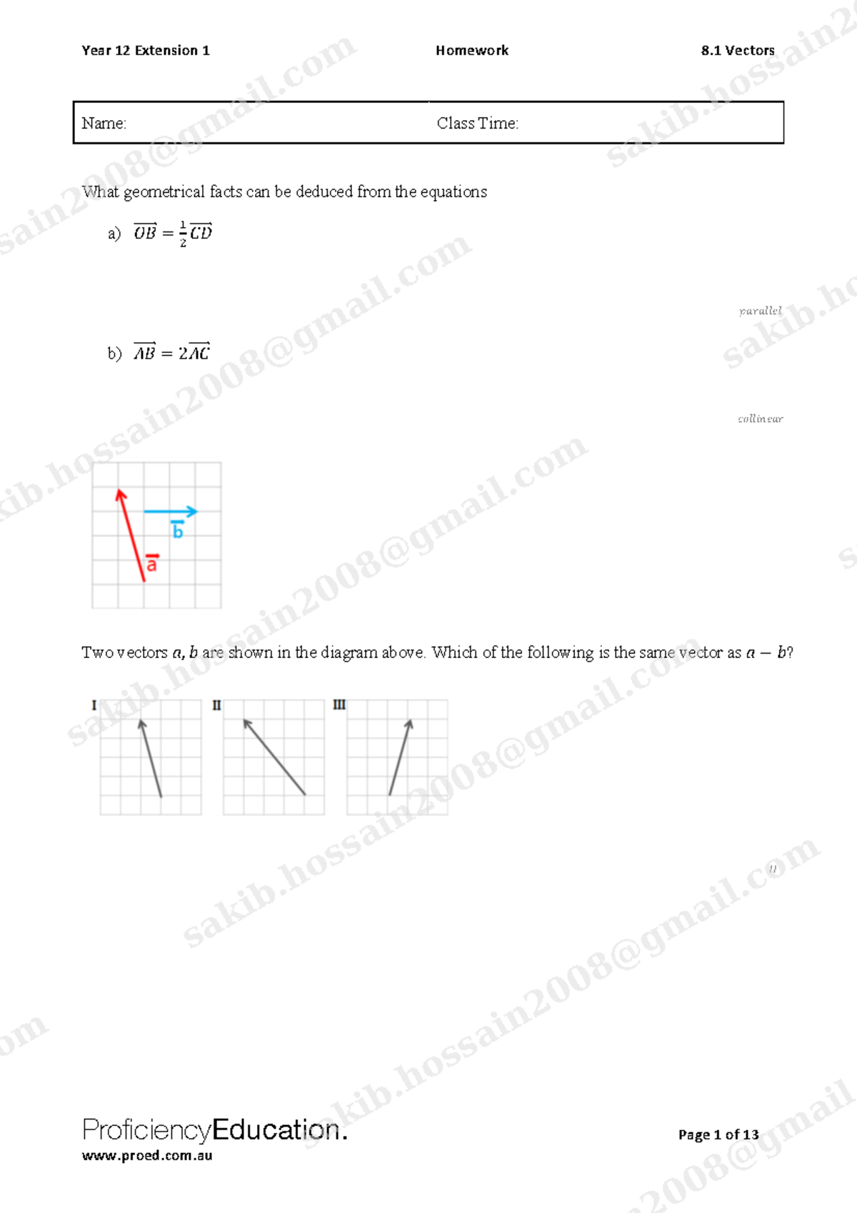 Year 12 Extension 1 Homework: 8.1 Vectors Practice Questions - Studocu