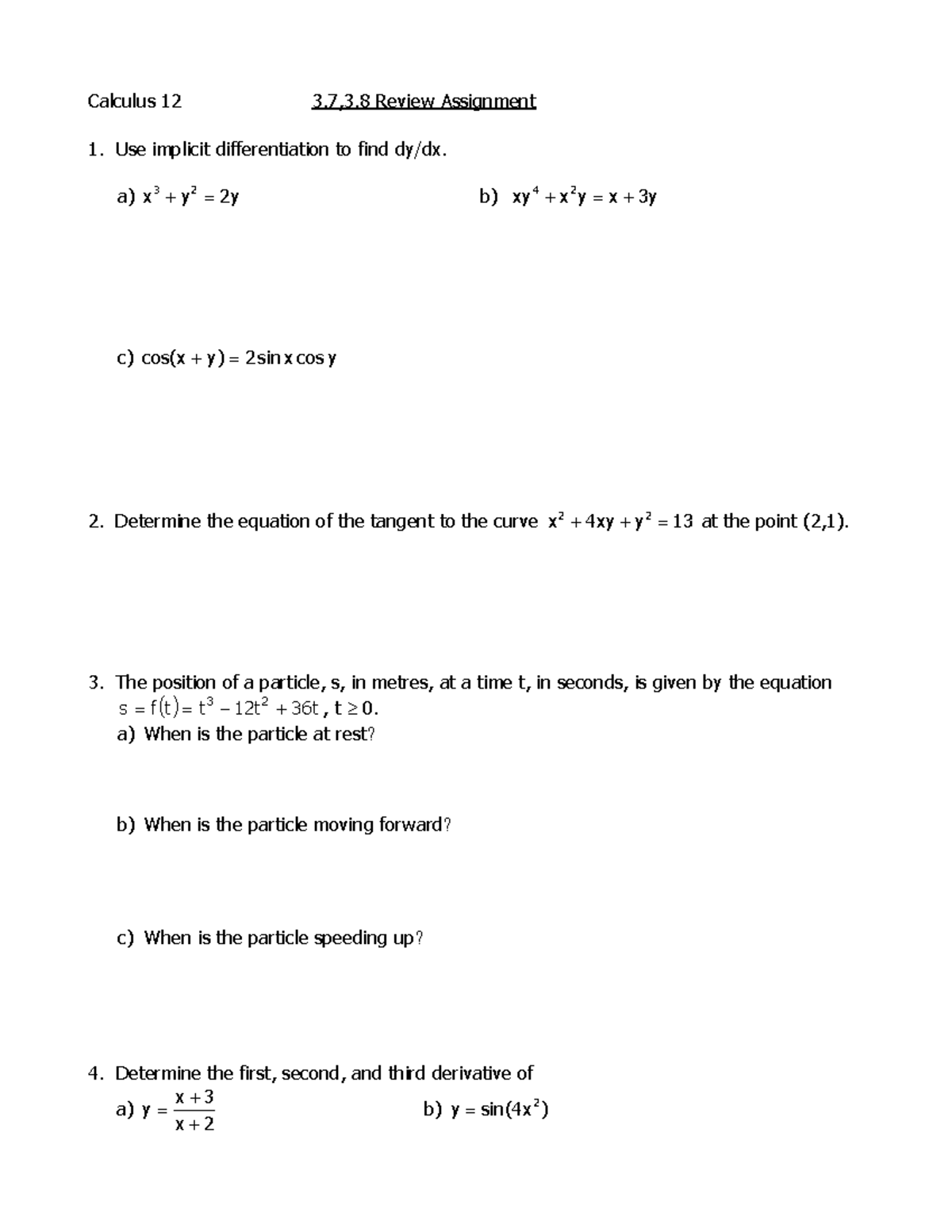 3.7-3.8 Review - Calculus 12 3,3 Review Assignment Use implicit ...