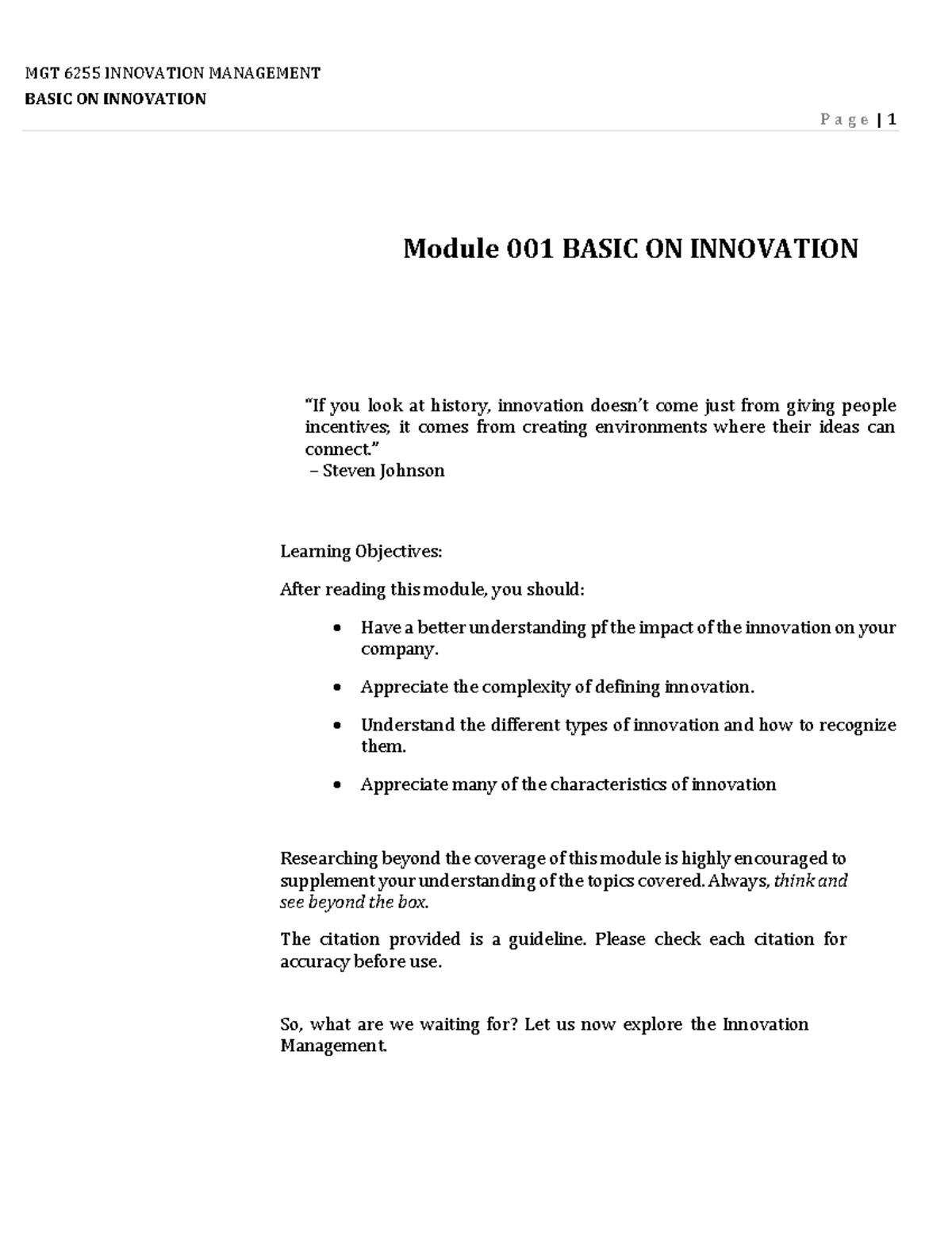 MGT 6255 INNOVATION MANAGEMENT: Module 001 - Basics of Innovation - Studocu