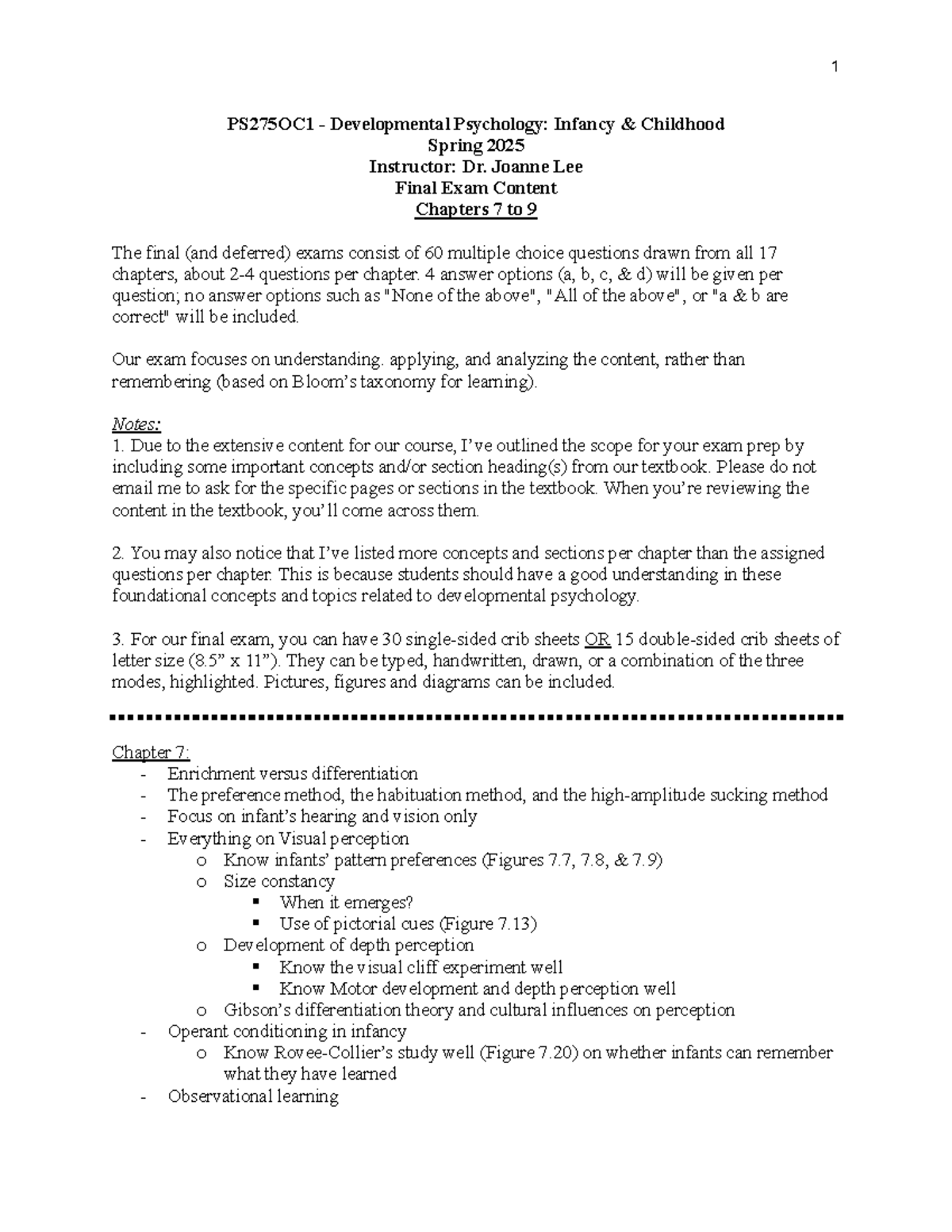 PS275OC1 Developmental Psychology Final Exam Review: Chapters 7-9 - Studocu