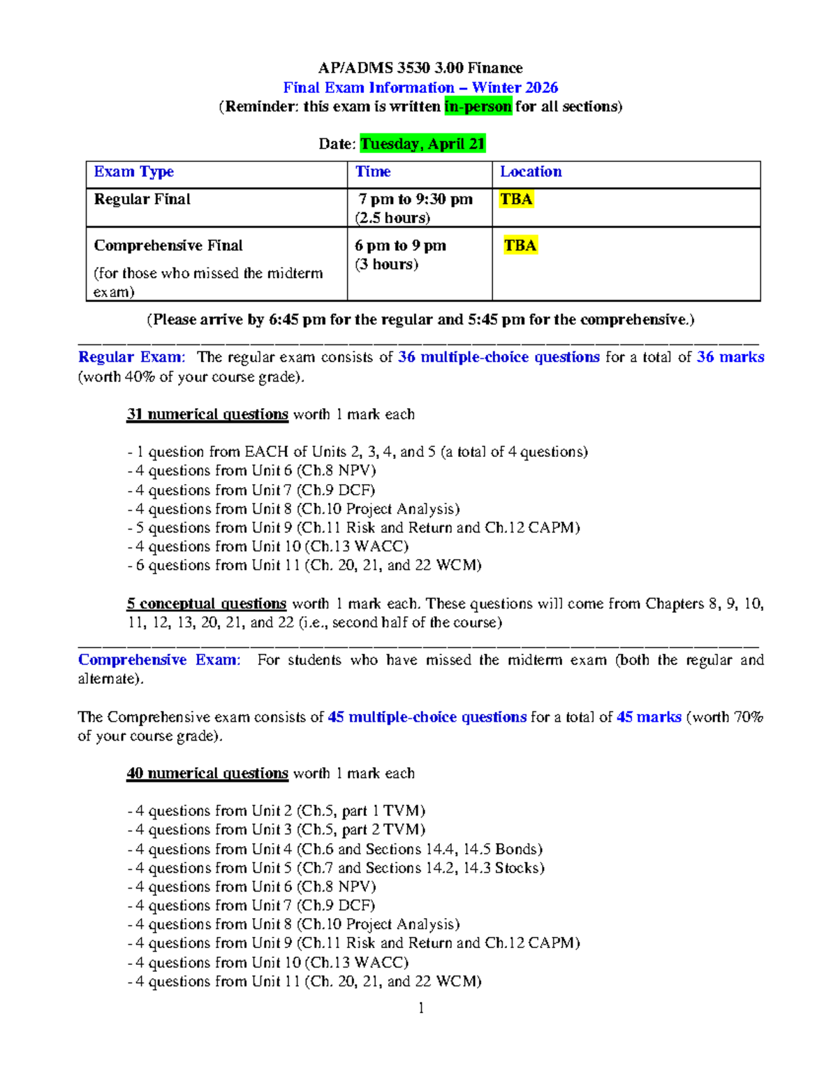 ADMS 3530 Finance Final Exam Details Winter 2026 - Studocu