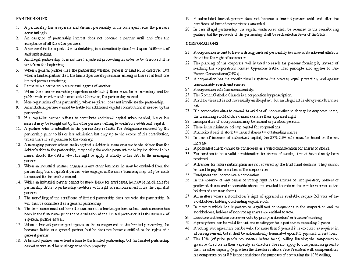 RCCP: Summary Notes on Partnerships and Corporations Law - Studocu