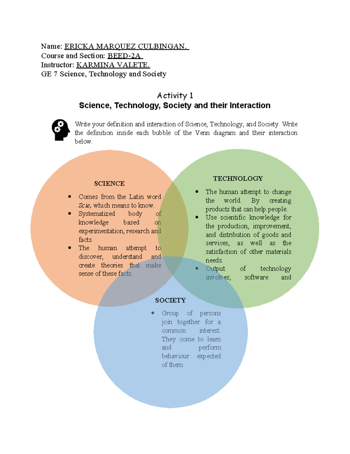 GE 7 STS Activity 1: Interaction of Science, Technology, and Society ...