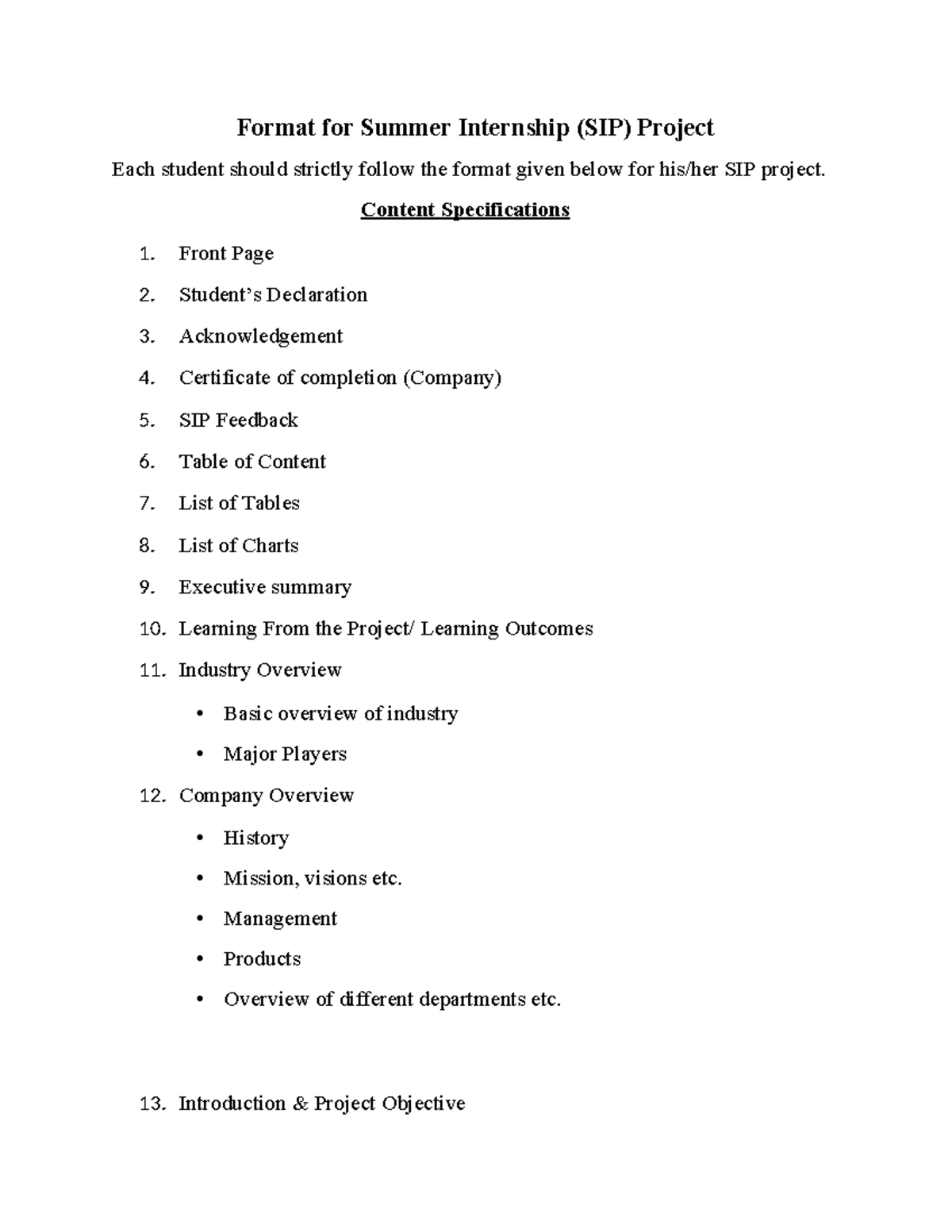 SIP- Project Format Guidelines for Summer Internship Report - Studocu