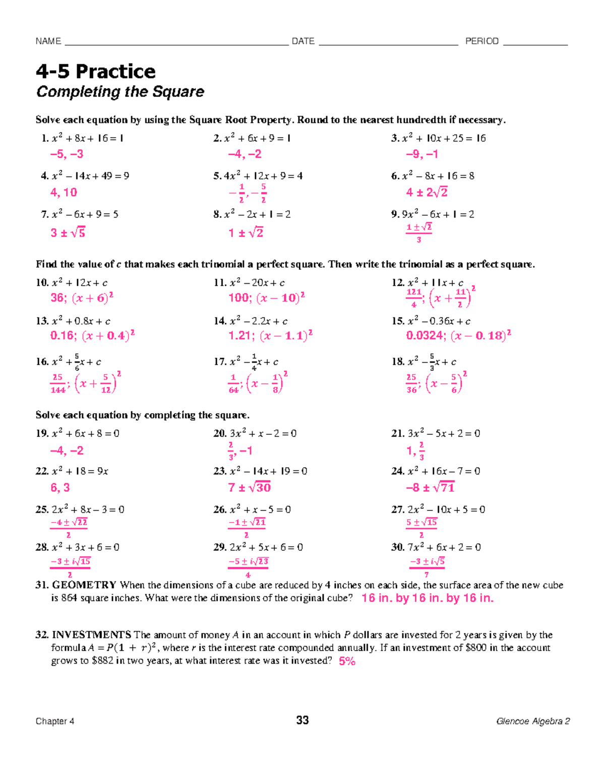 Algebra 2 (4.5) Homework: Completing the Square Practice - Studocu