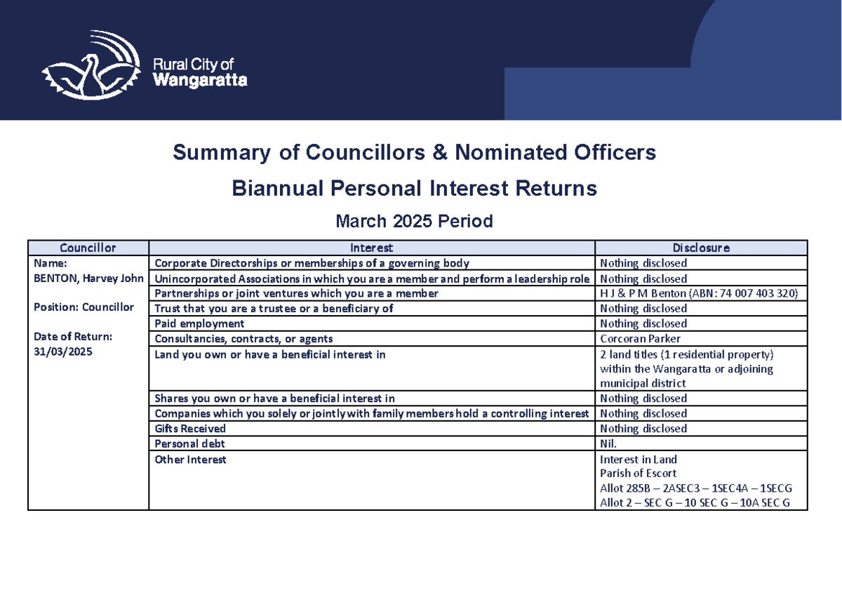 Rural City of Wangaratta Biannual Personal Interests Return Summary ...