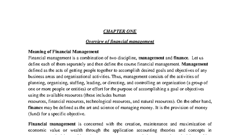 FM CH-1: Overview of Financial Management Principles and Concepts - Studocu