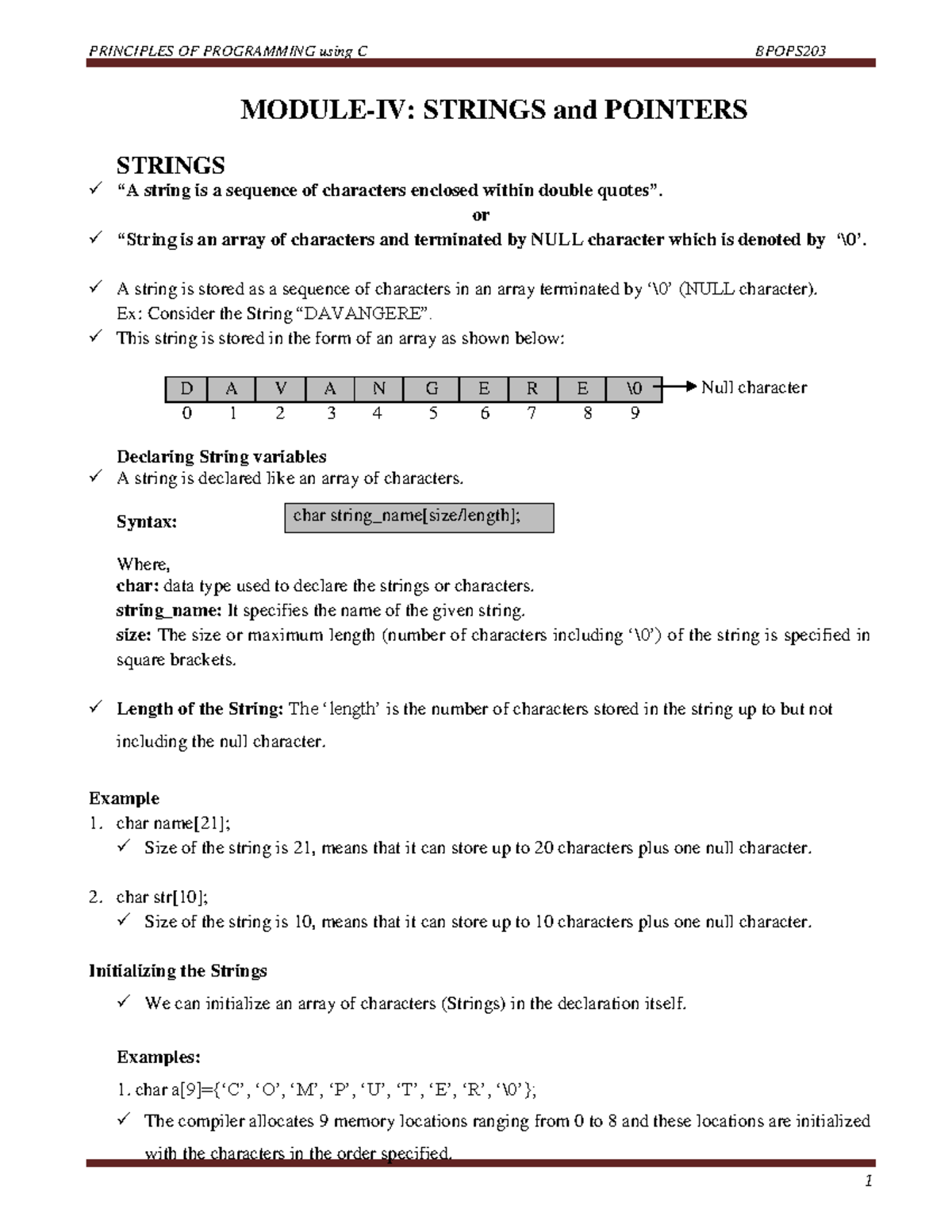 Module-4 pop - Bpops notes - STRINGS MODULE-IV: STRINGS and POINTERS “A ...