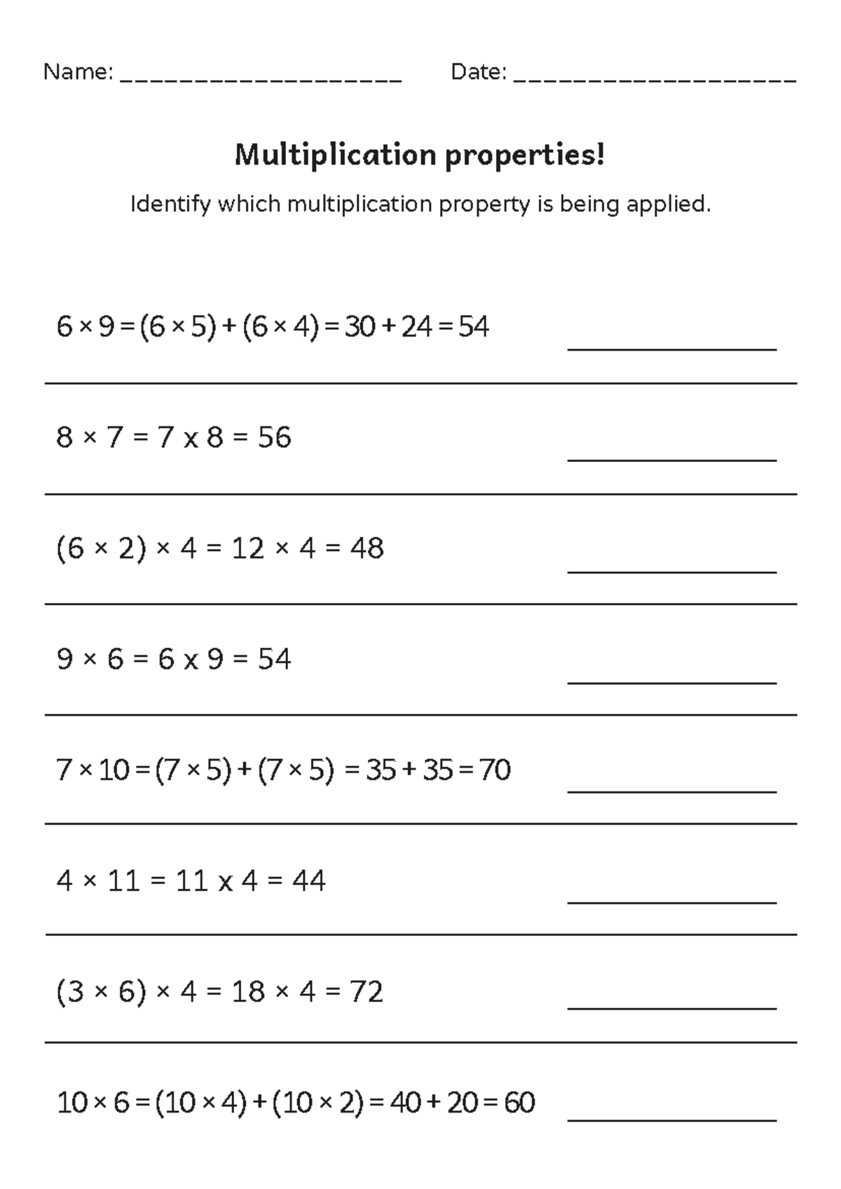 Understanding Multiplication Properties - 3rd Grade Worksheet - Name