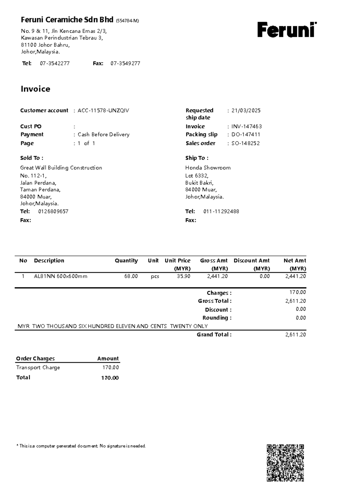 Invoice for Sales Order - Feruni Ceramiche Sdn Bhd (MYR) - Studocu