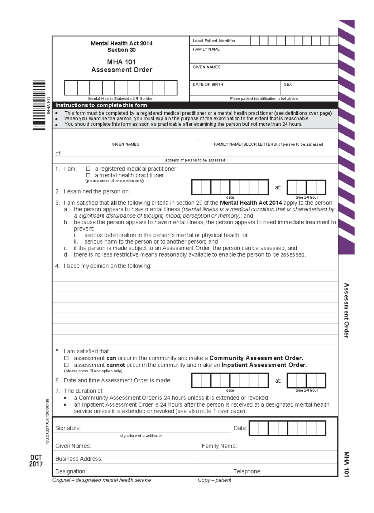MHA 101 - Assessment Order Form for Mental Health Evaluation - Studocu