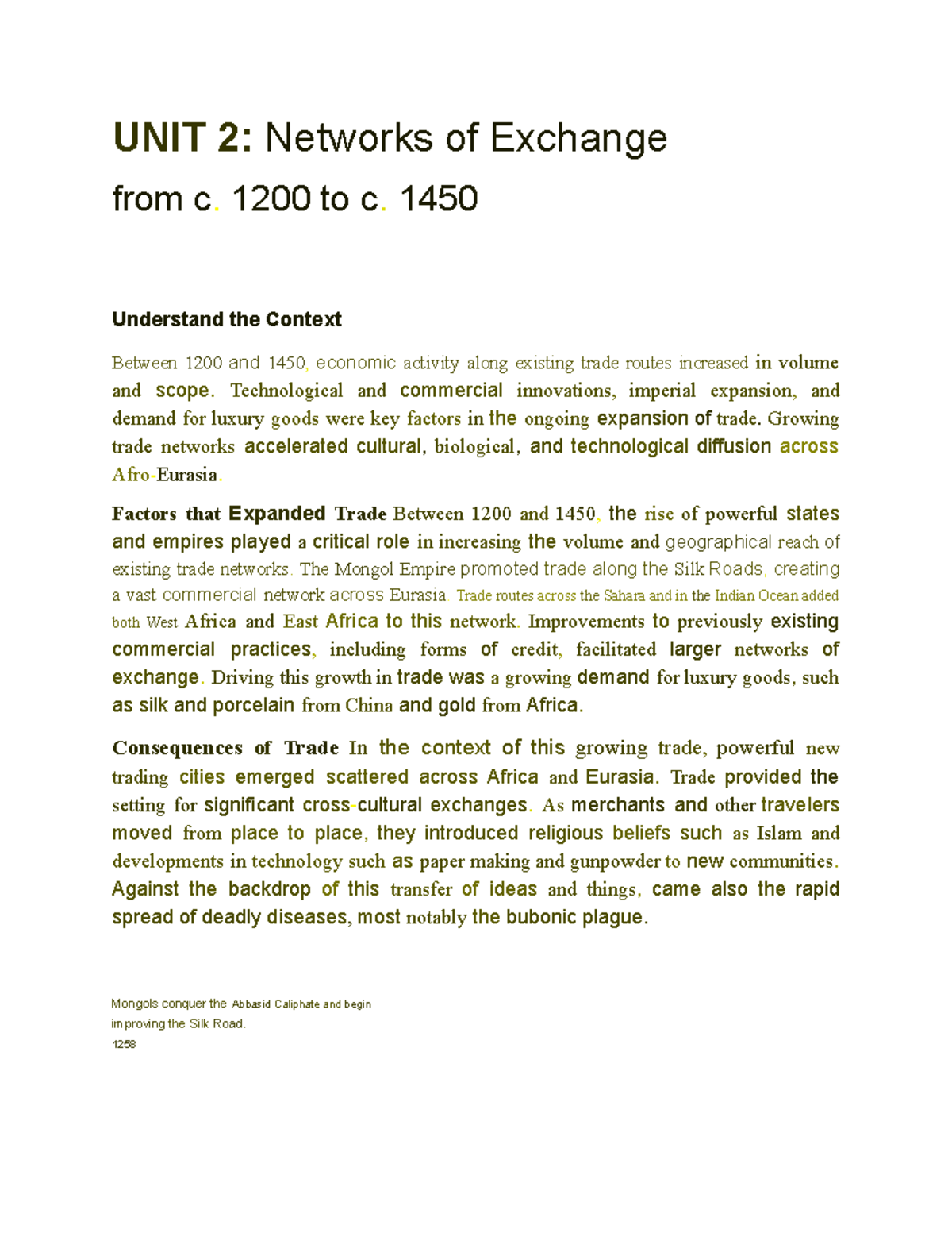 Unit 2: Networks of Exchange (c. 1200 - c. 1450) - Key Factors and ...