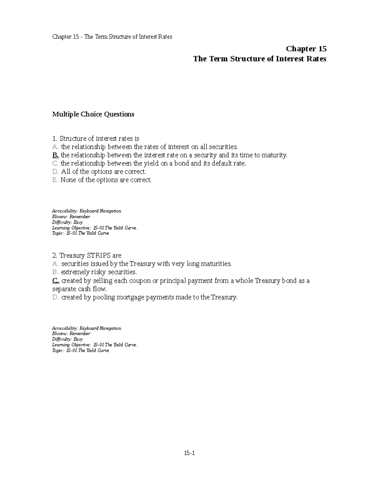Chapter 15 Test Bank: The Term Structure of Interest Rates MCQs - Studocu