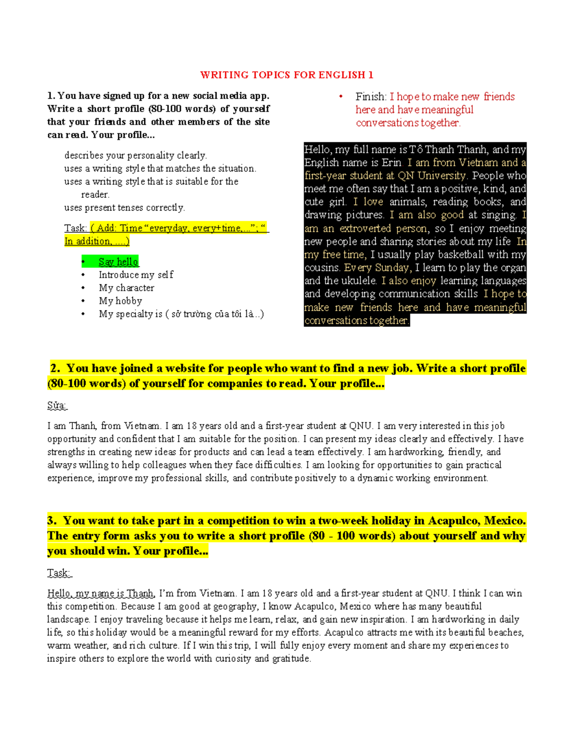 Writing Topics for English 1: Profile & Recipe Tasks - Studocu