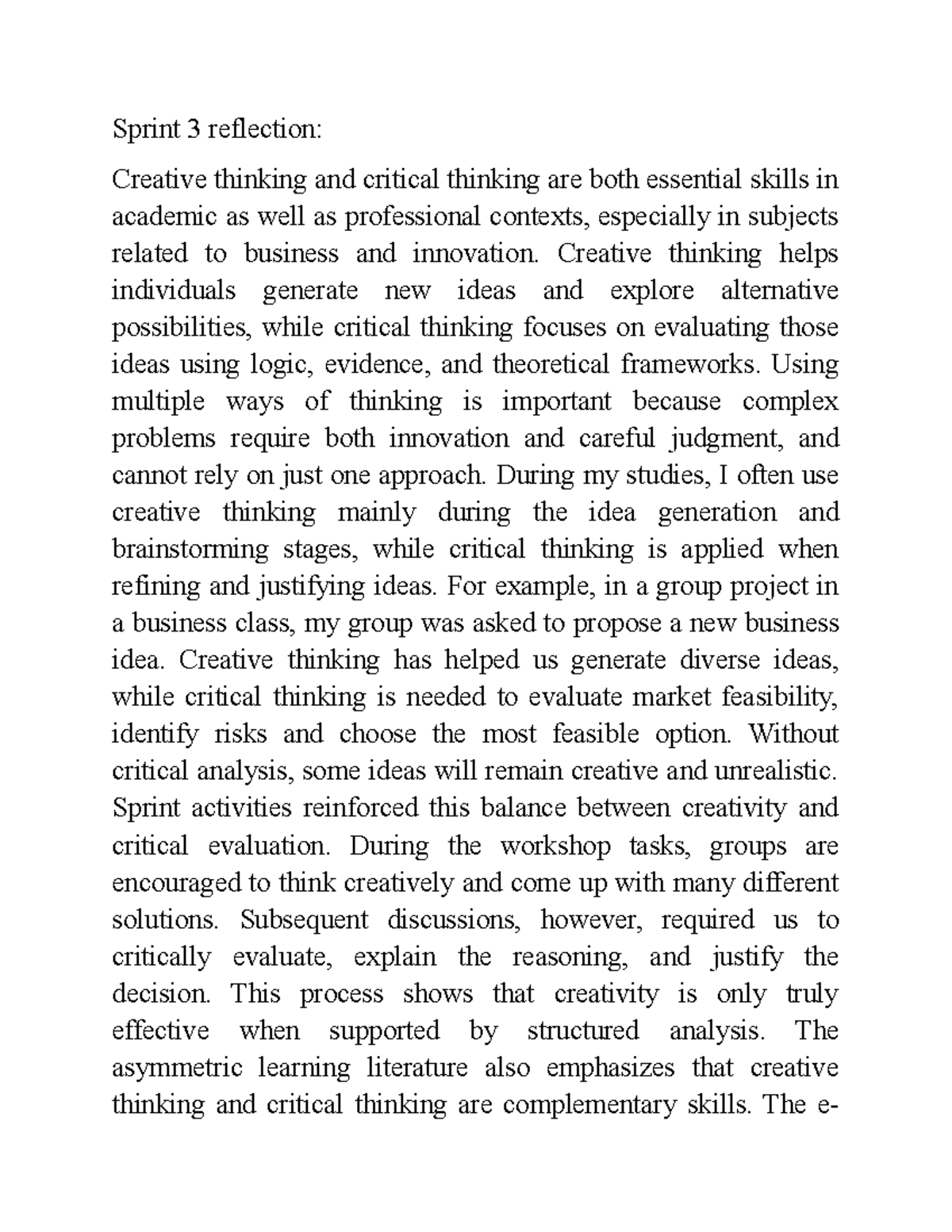 Sprint 3 Reflection: Balancing Creative & Critical Thinking Skills ...