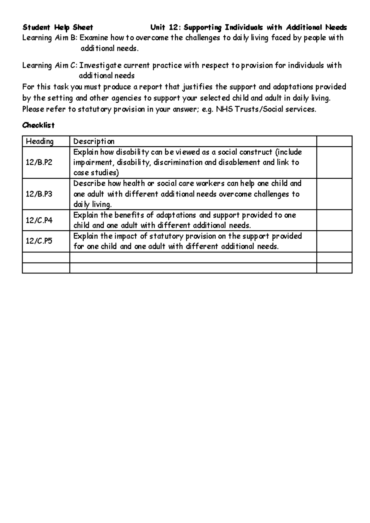 Unit 12 LABC help sheet - Student Help Sheet Unit 12: Supporting ...