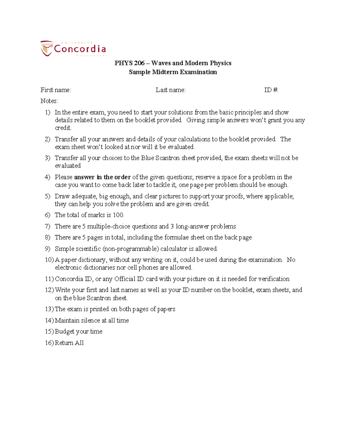 PHYS 206 - Sample Midterm Exam Solutions - Fall 2022 - Waves - Studocu