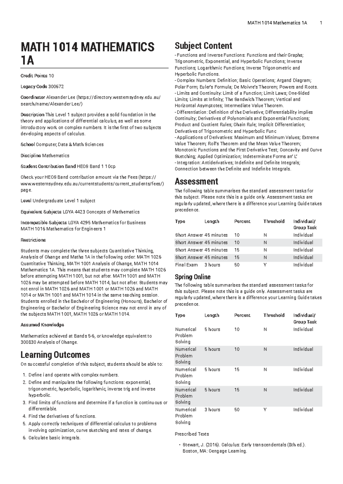 MATH 1014 Mathematics 1A Course Overview and Assessment Guide - Studocu