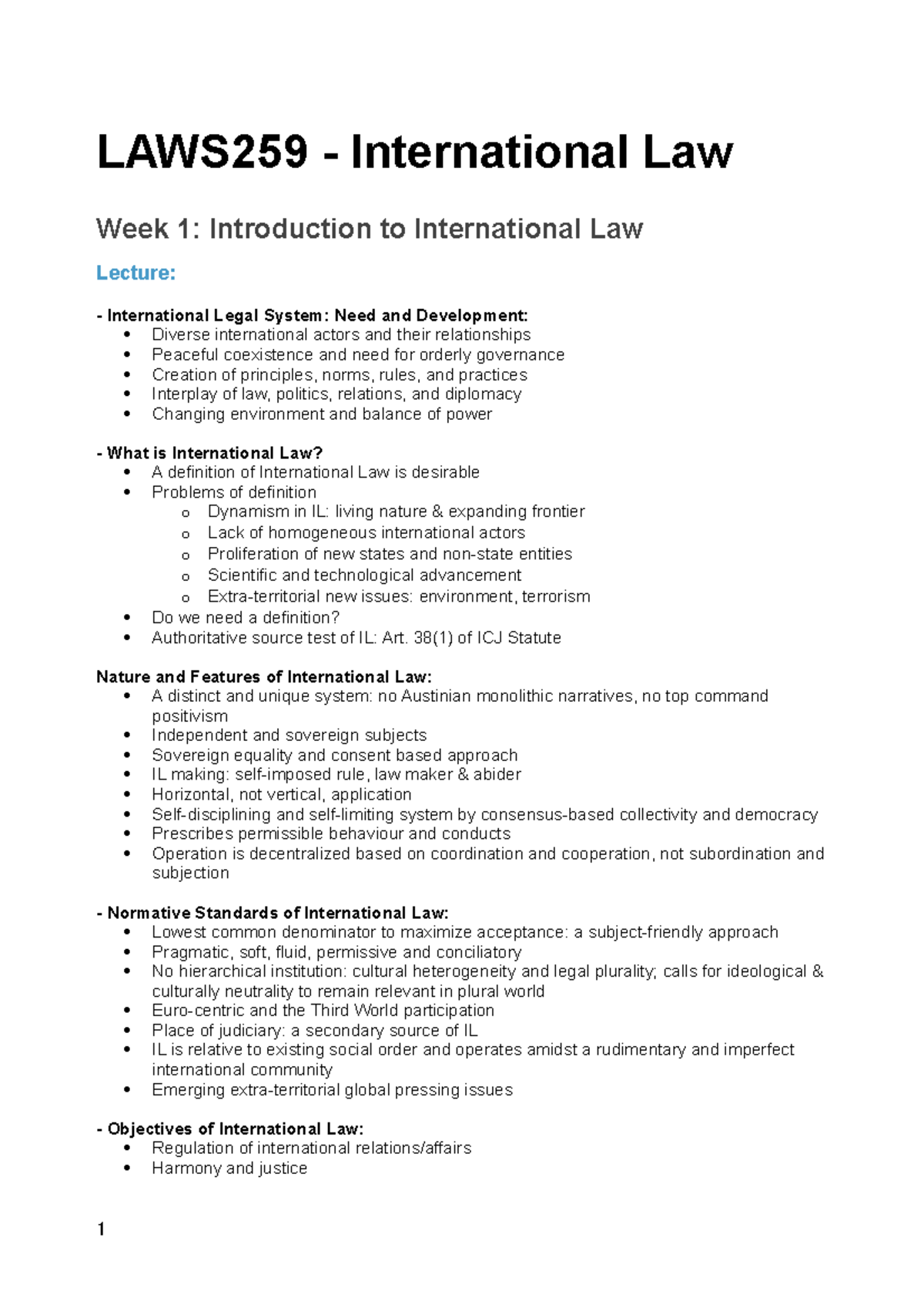 International Law Notes - LAWS259 - International Law Week 1 ...