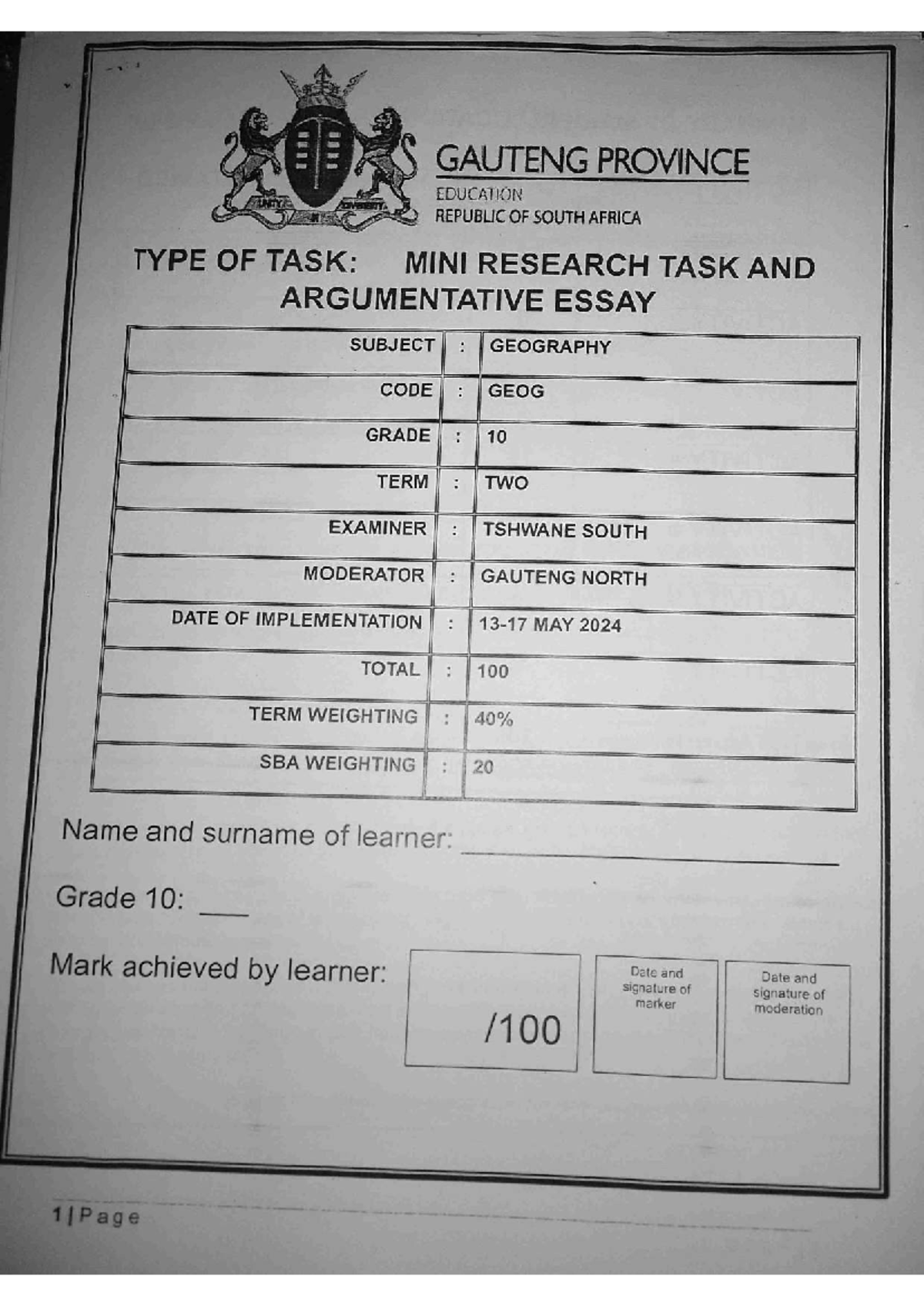 GEOG GRADE 10 TERM 2 MINI RESEARCH & ARGUMENTATIVE ESSAY ON CLIMATE ...